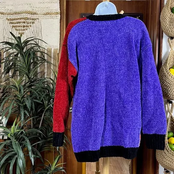 Vintage 90s Colorblock Chenille Sweater M 80s Abstract Art Retro Statement Knit - Picture 2 of 11